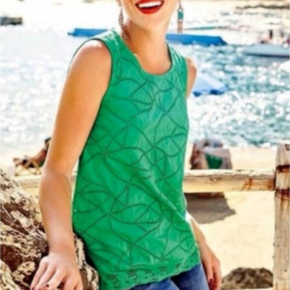 CAbi Gemma Eyelet Women's Sleeveless Green Lace Tunic Blouse Size XS